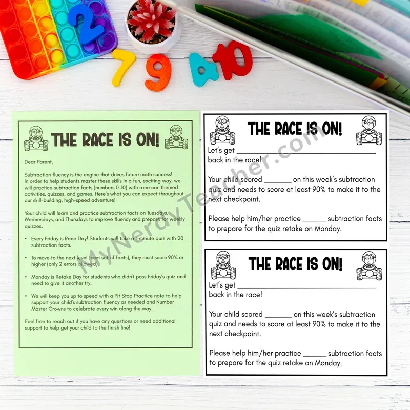 Subtraction Kit - Parent Letter & Pit Stop Practice Notes