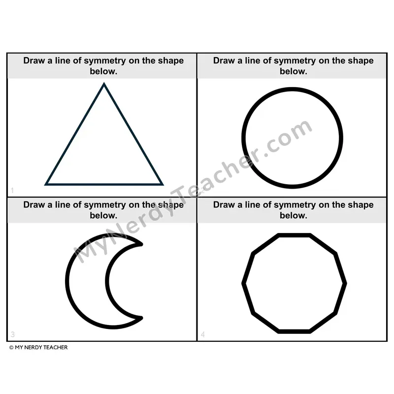 Drawing Lines of Symmetry Task Cards — 4th Grade BW