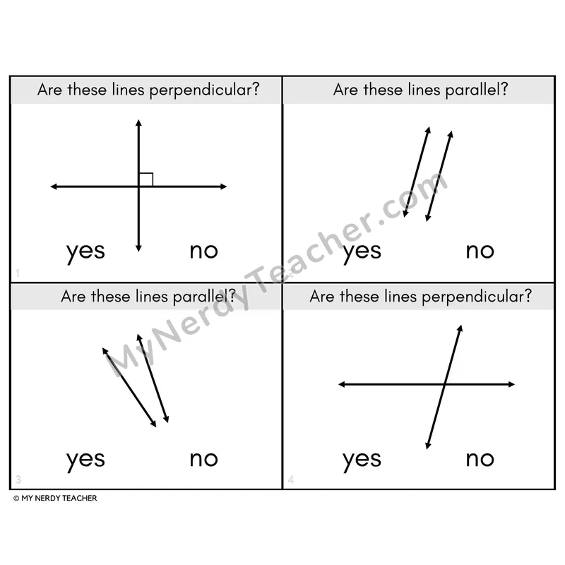 Perpendicular and Parallel Lines Task Cards — 4th Grade BW