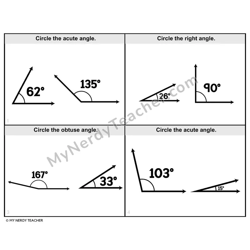 Right, Acute, and Obtuse Angles Task Cards — 4th Grade BW