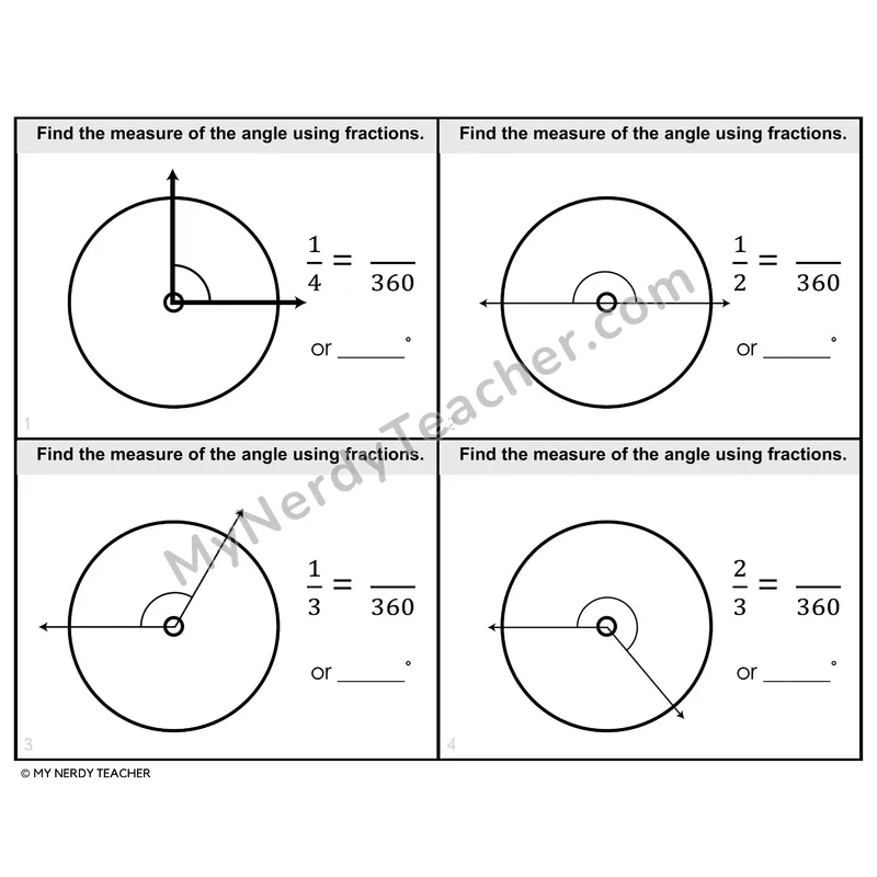 Angle Measure as Fraction of a Circle Task Cards — 4th Grade BW