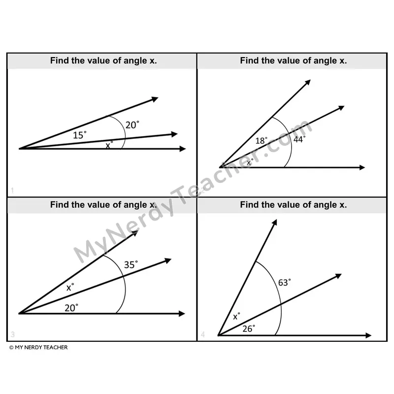 Finding a Missing Angle Task Cards — 4th Grade BW