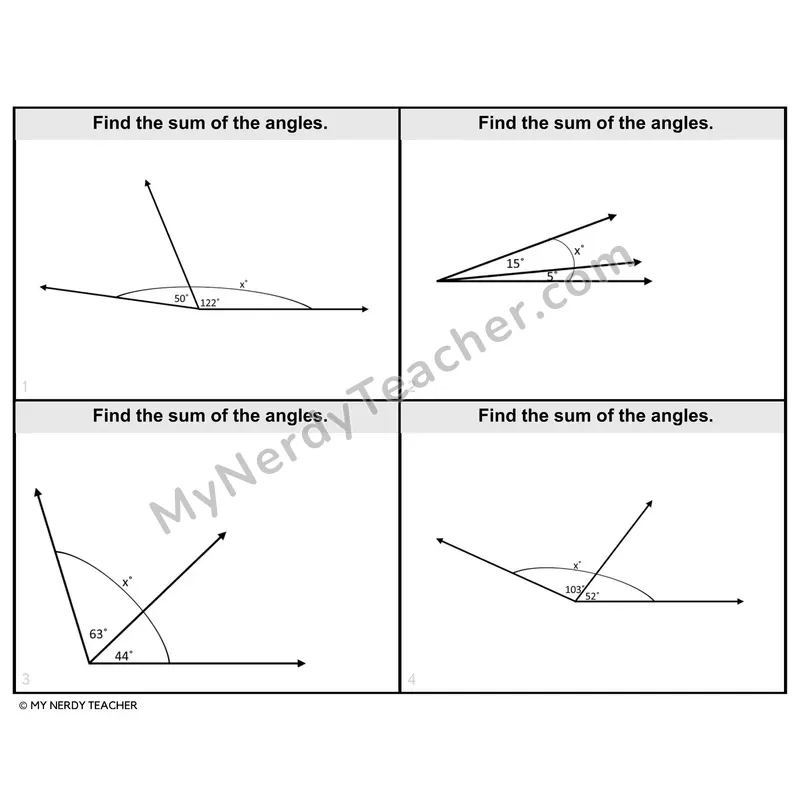 Adding Adjacent Angles Task Cards — 4th Grade BW