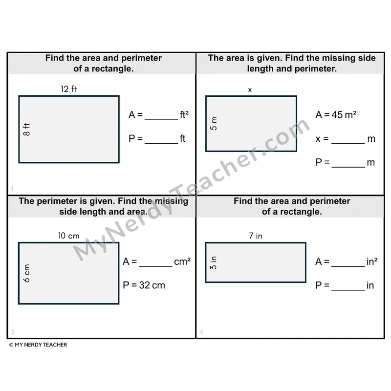 Area and Perimeter of Rectangles Task Cards — 4th Grade BW