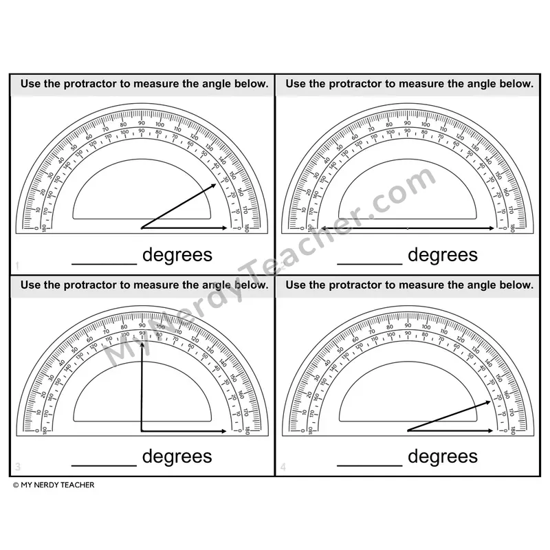 Measuring Angles with a Protractor Task Cards — 4th Grade BW