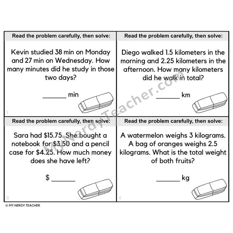 Measurement Word Problems Task Cards — 4th Grade BW