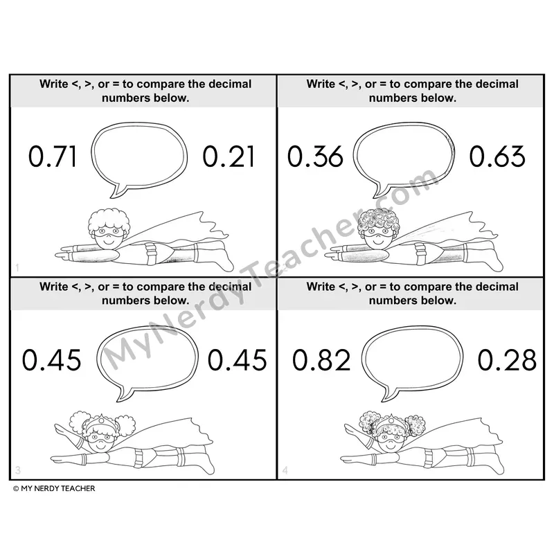 Comparing Decimals Task Cards — 4th Grade BW