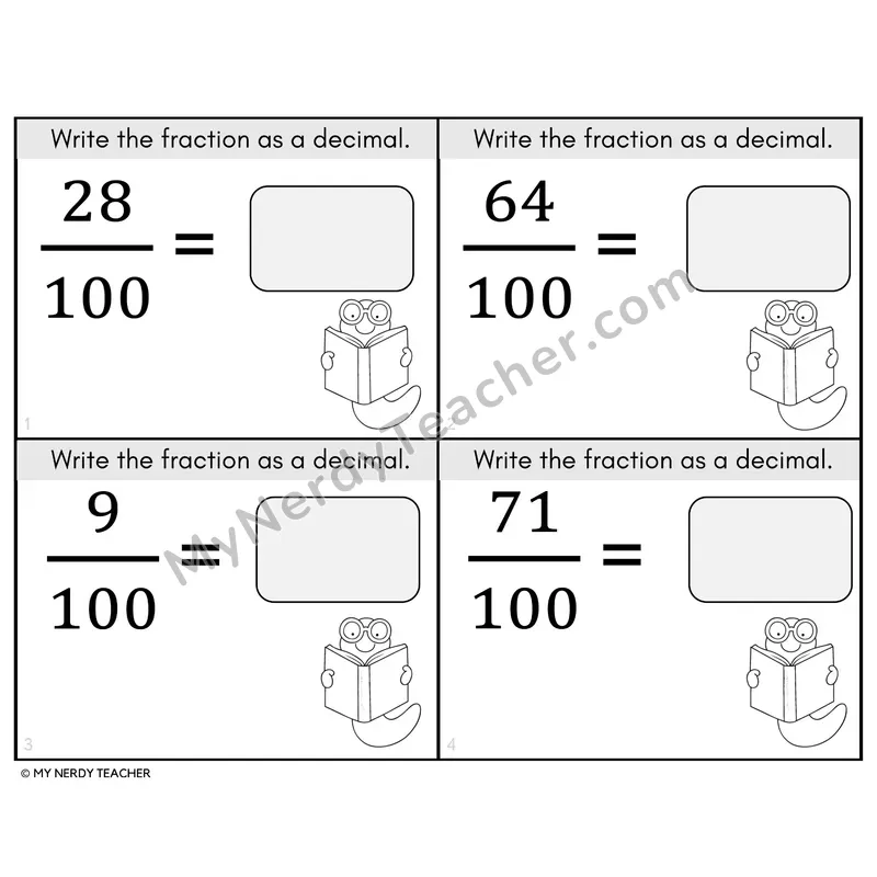Fractions to Decimals — Hundredths Task Cards — 4th Grade BW