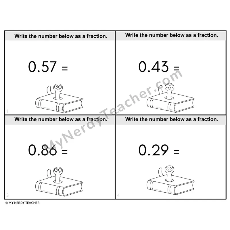 Converting Decimals to Fractions Task Cards — 4th Grade BW