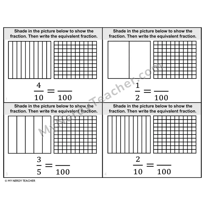 Equivalent Fractions: Tenths & Hundredths Task Cards — 4th Grade BW