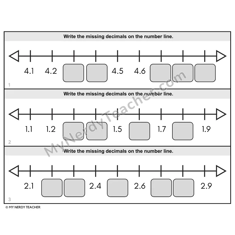 Plotting Decimals on a Number Line Task Cards — 4th Grade BW