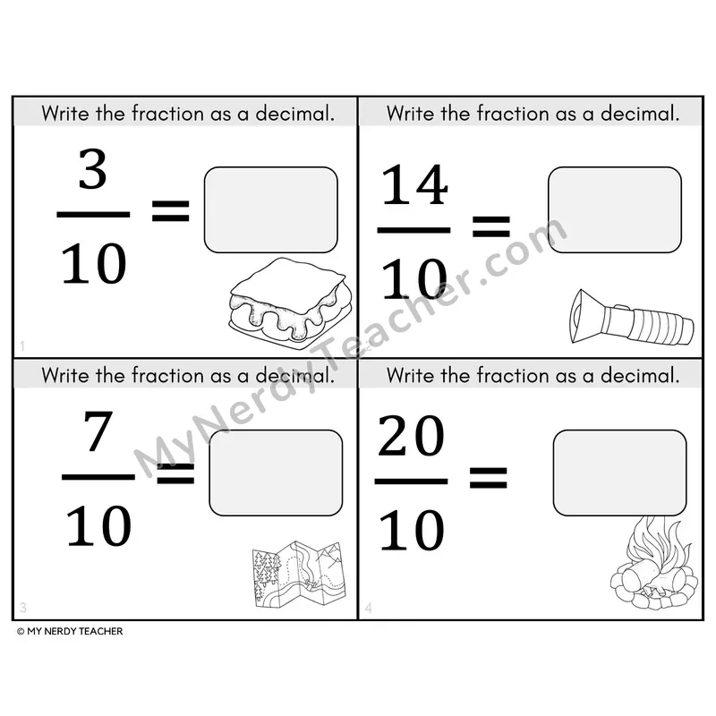 Fractions to Decimals — Tenths Task Cards — 4th Grade BW