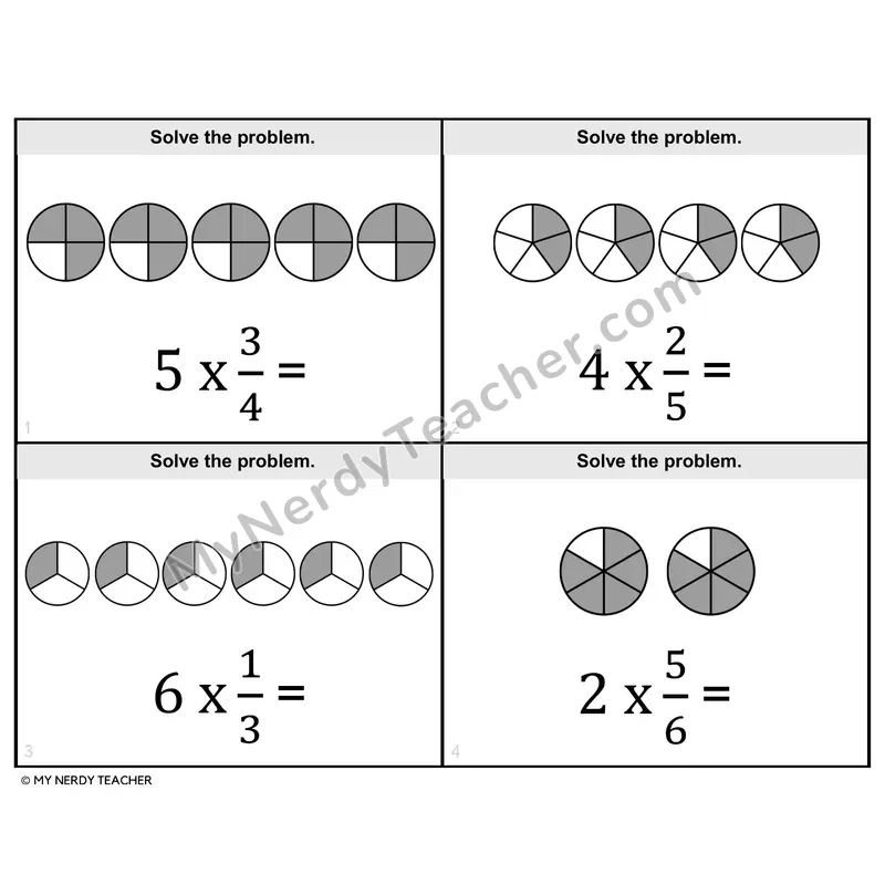 Multiplying Fractions by Whole Numbers Task Cards — 4th Grade BW