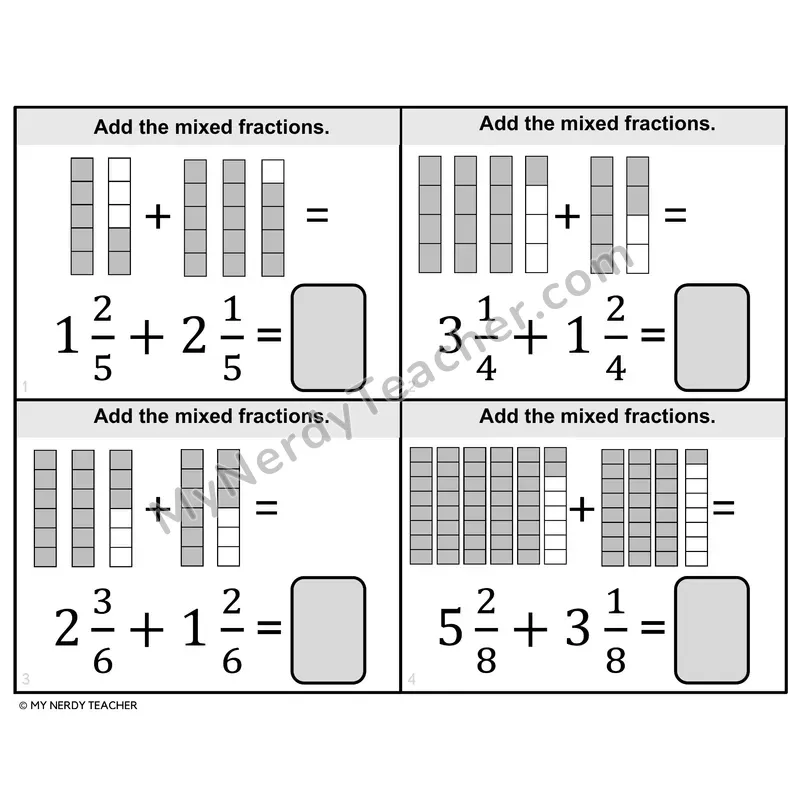 Mixed Numbers with Visual Models Task Cards — 4th Grade BW