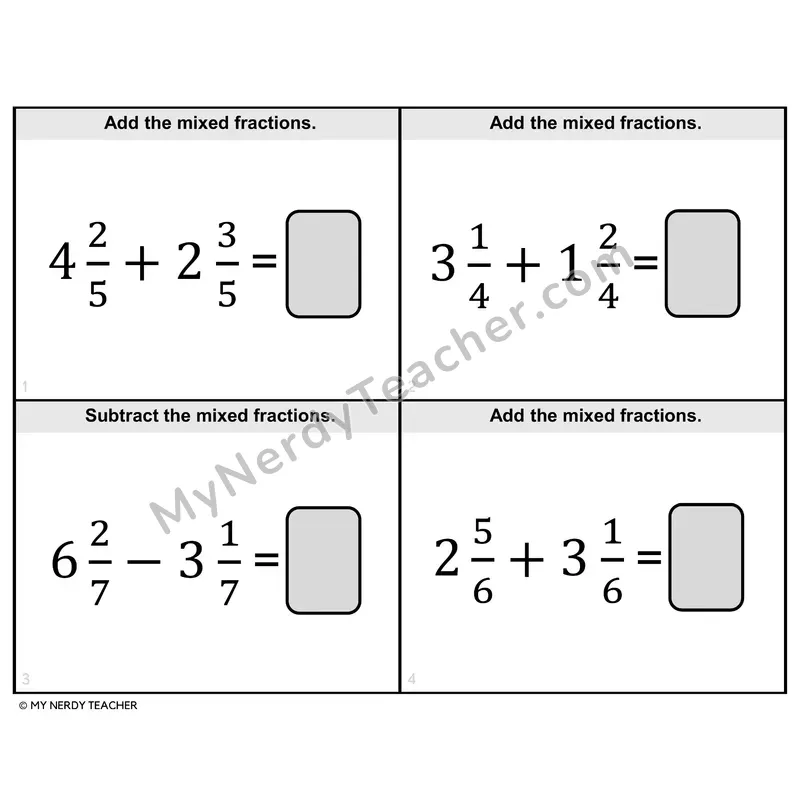 Adding & Subtracting Mixed Numbers Task Cards — 4th Grade BW