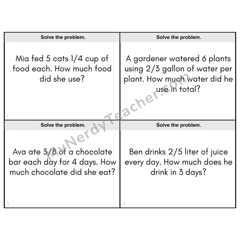 Multiplying Fractions Word Problems Task Cards — 4th Grade BW