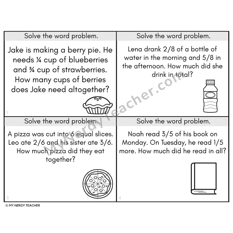 Fraction Word Problems: Like Denominators Task Cards — 4th Grade BW