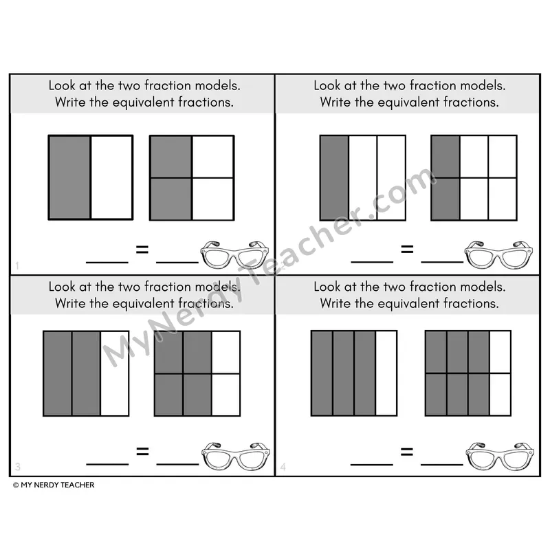 Equivalent Fractions with Models Task Cards — 4th Grade BW