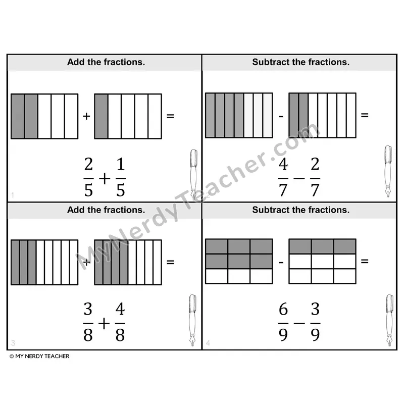 Adding Fractions: Like Denominators Task Cards — 4th Grade BW