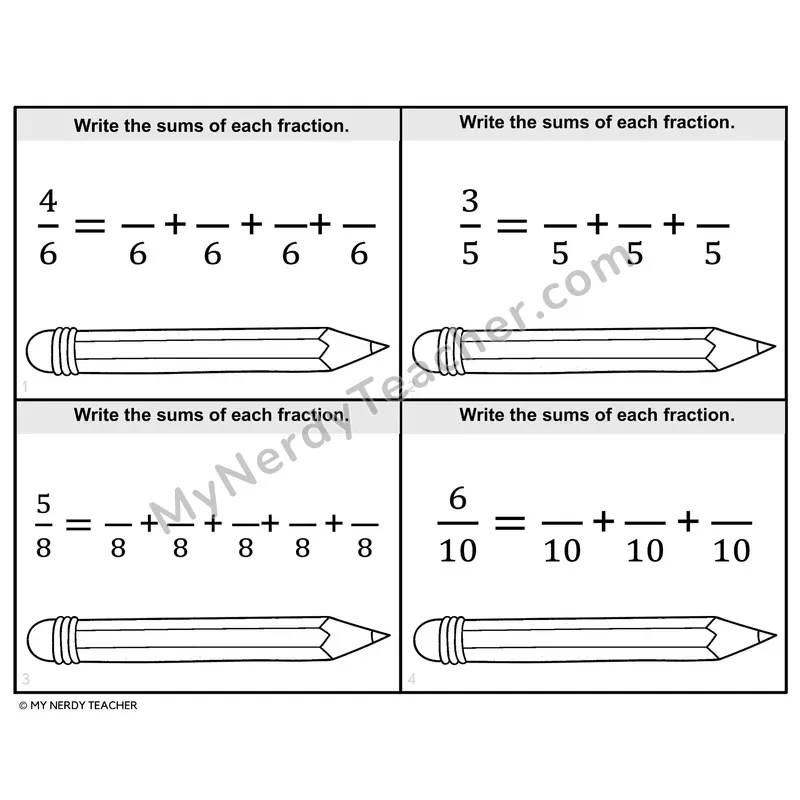 Decomposing Fractions Task Cards — 4th Grade BW