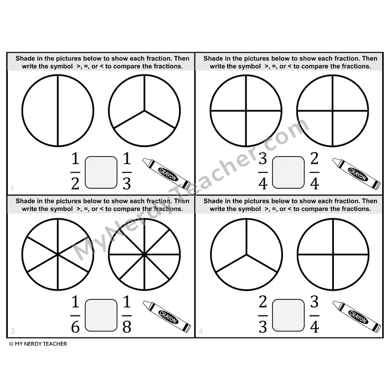 Comparing Fractions — Unlike Denominators Task Cards — 4th Grade BW