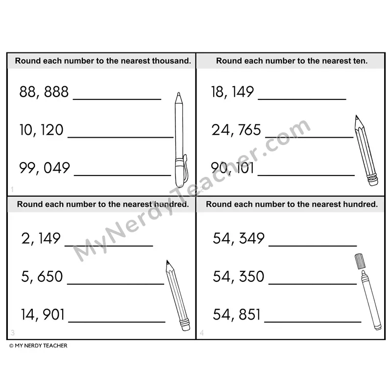 Rounding Multi-Digit Numbers — Advanced Task Cards — 4th Grade BW