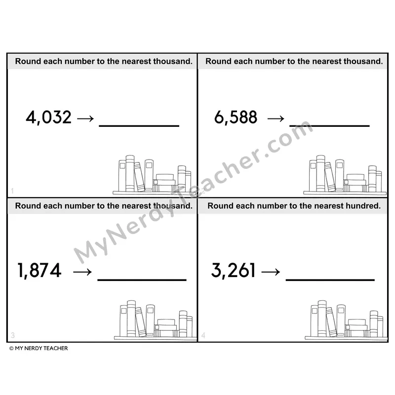 Rounding to the Nearest 10, 100, or 1,000 Task Cards — 4th Grade BW
