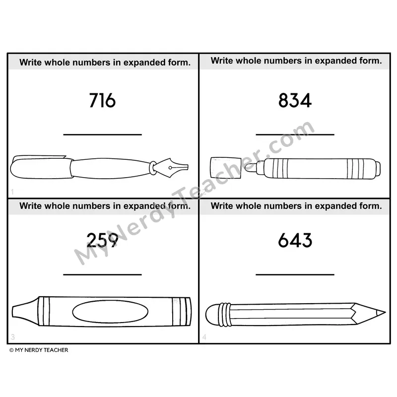 Writing Numbers in Expanded Form Task Cards — 4th Grade BW