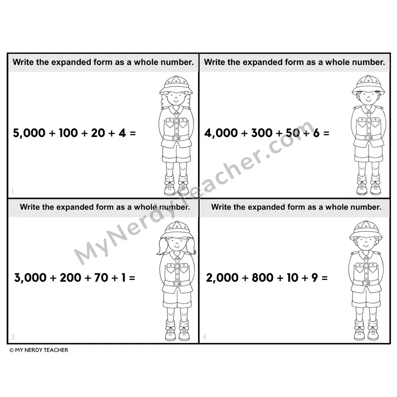 Expanded Form to Standard Form Task Cards — 4th Grade BW