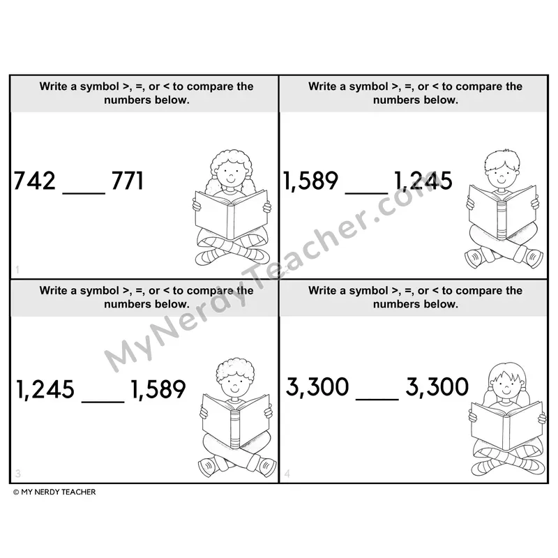 Comparing Multi-Digit Numbers Task Cards — 4th Grade BW