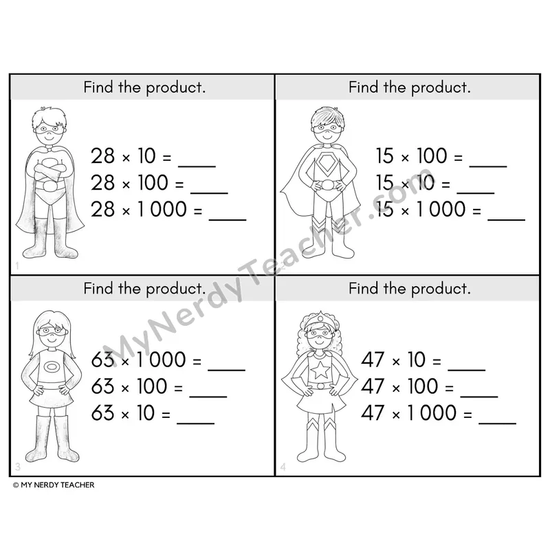 Multiplying Multiples of 10 Task Cards — 4th Grade BW