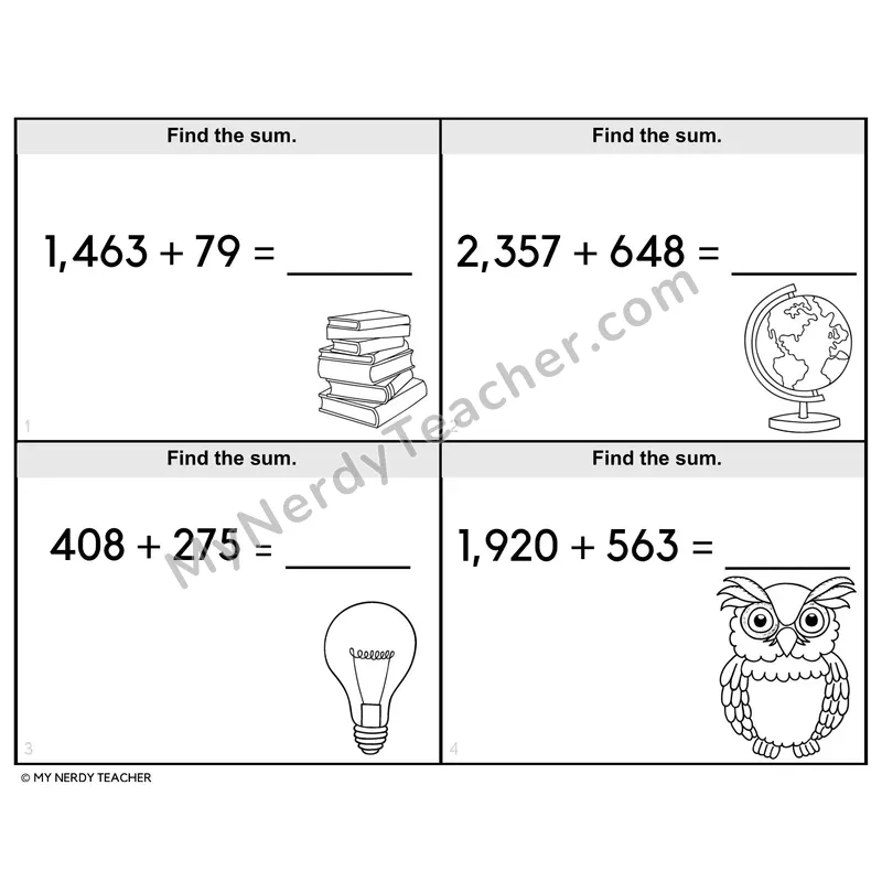 Multi-Digit Horizontal Addition Task Cards — 4th Grade BW