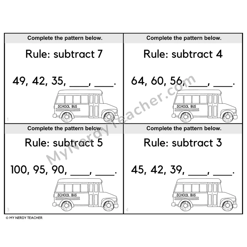 Subtraction Number Patterns Task Cards — 4th Grade BW