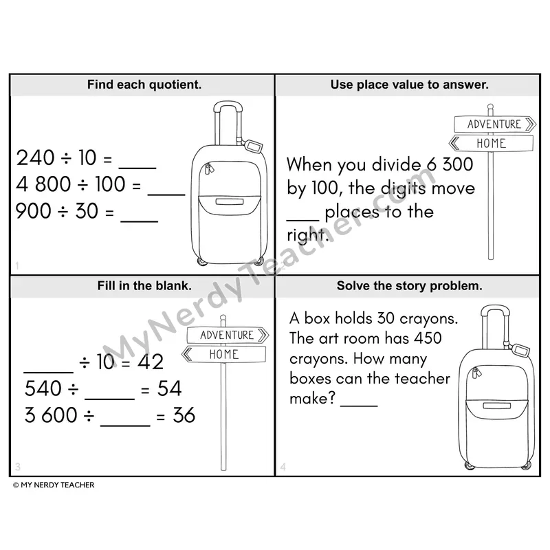 Dividing Multiples of 10 Task Cards — 4th Grade BW