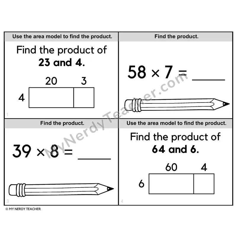 Multi-Digit by One-Digit Multiplication Task Cards — 4th Grade BW