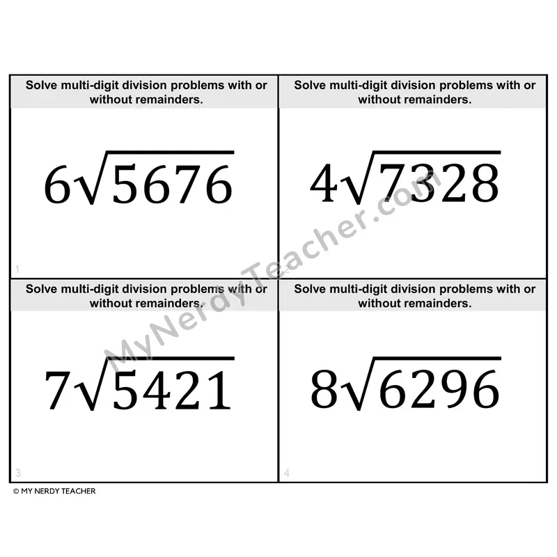 Multi-Digit Division Task Cards — 4th Grade BW