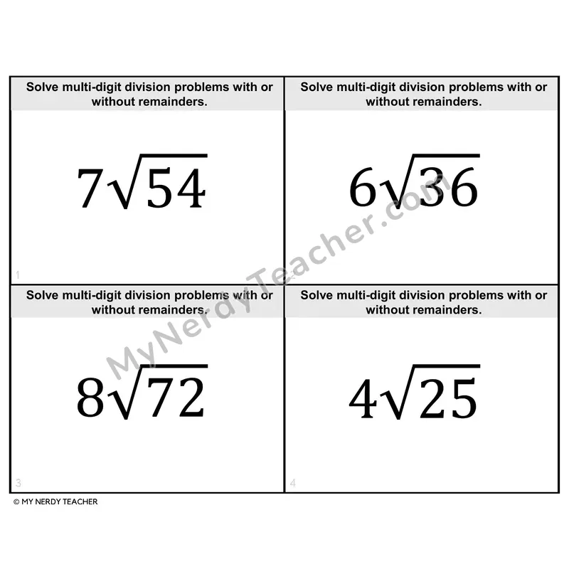 Two-Digit Division Task Cards — 4th Grade BW