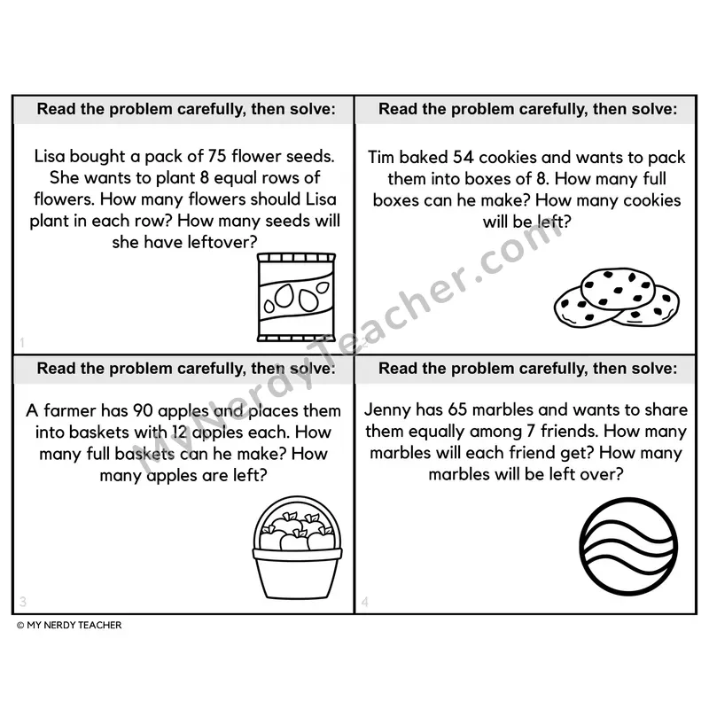 Multi-Step Division Word Problems Task Cards — 4th Grade BW