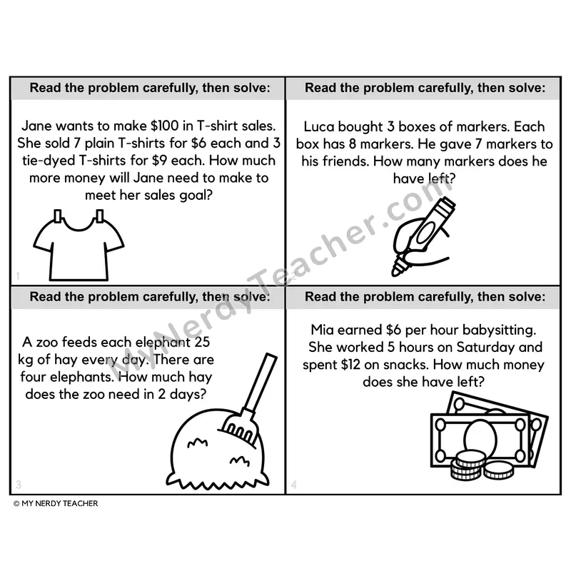Multi-Step Multiplication Word Problems Task Cards — 4th Grade BW