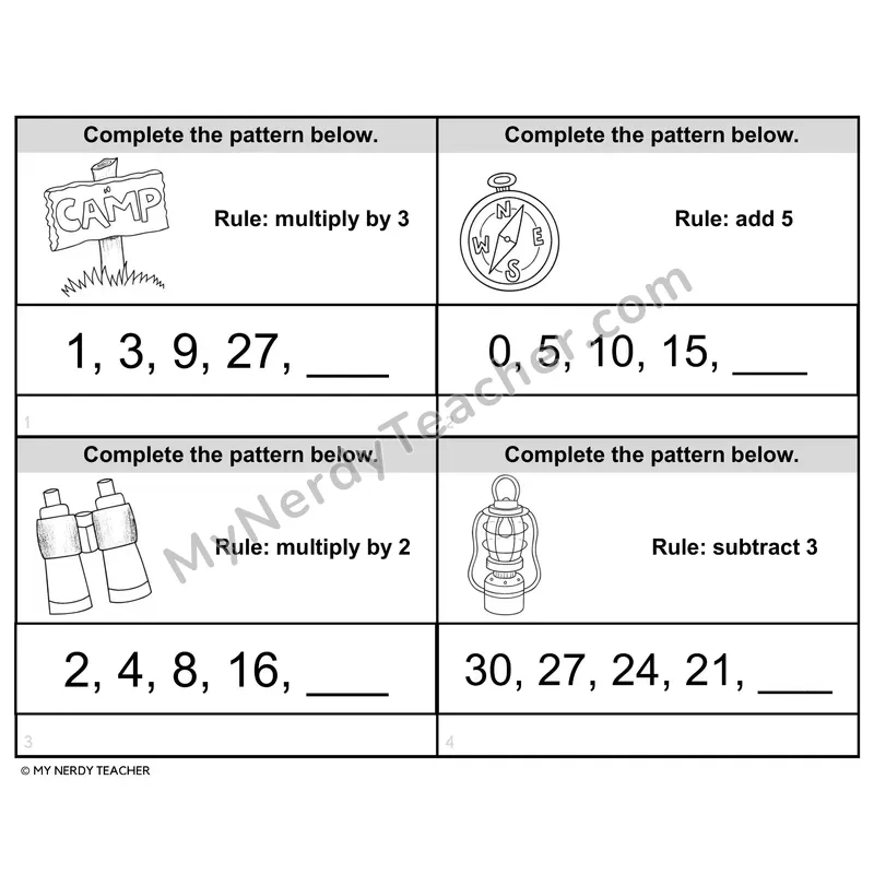 Multiplication Number Patterns Task Cards — 4th Grade BW