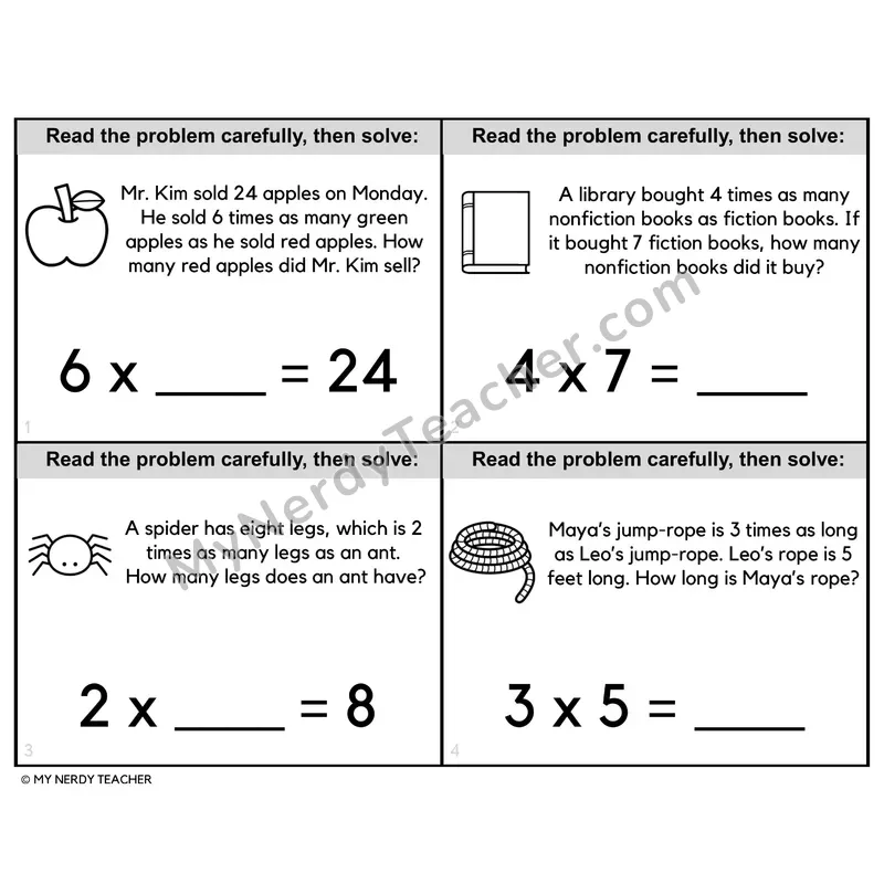 Multiplicative Comparison Word Problems Task Cards — 4th Grade BW