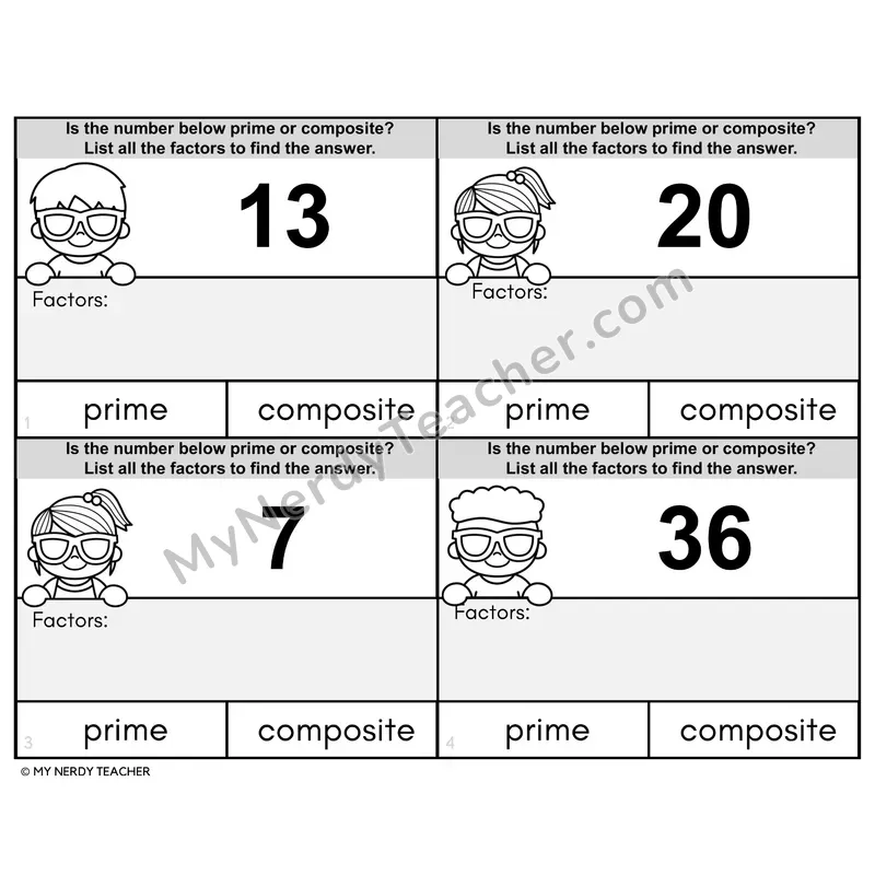 Prime or Composite Numbers Task Cards — 4th Grade BW