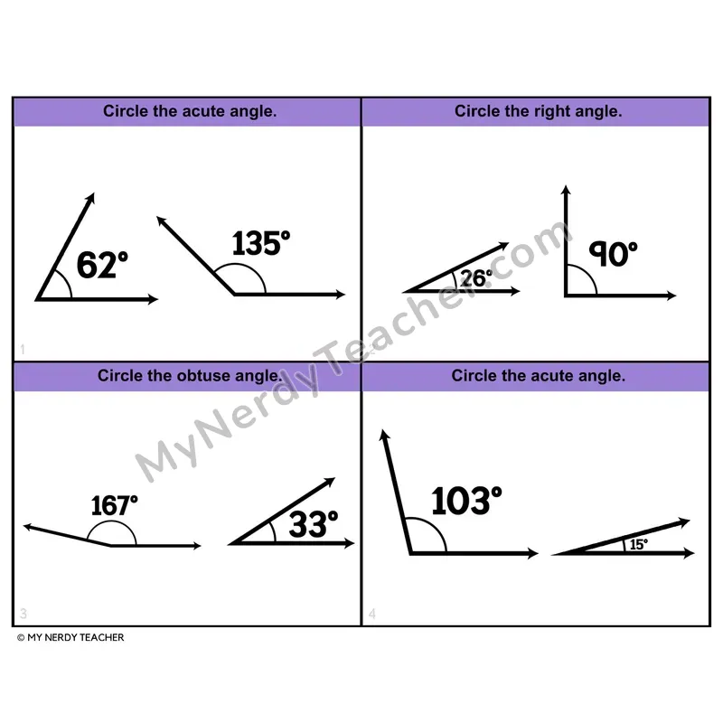 Right, Acute, and Obtuse Angles Task Cards — 4th Grade Color
