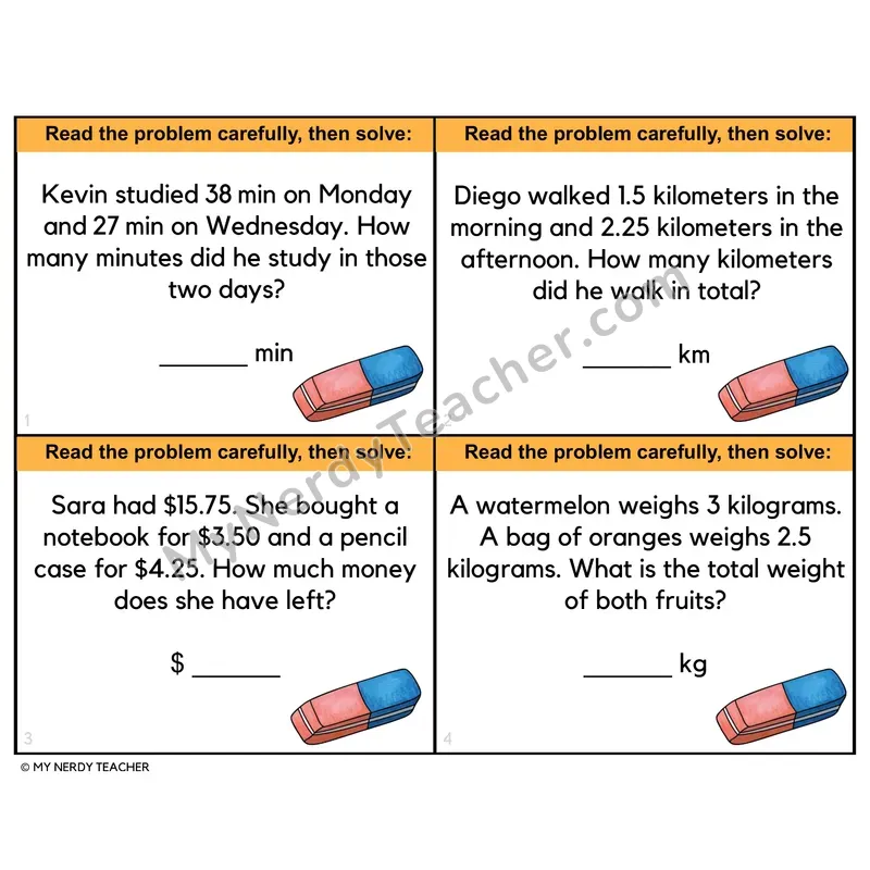 Measurement Word Problems Task Cards — 4th Grade Color