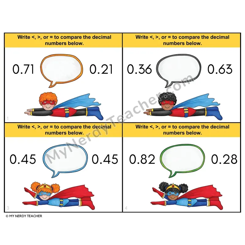 Comparing Decimals Task Cards — 4th Grade Color
