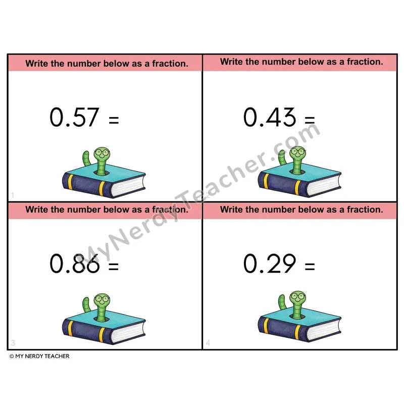 Converting Decimals to Fractions Task Cards — 4th Grade Color