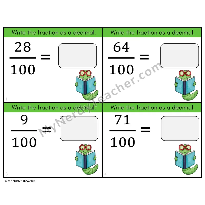 Fractions to Decimals — Hundredths Task Cards — 4th Grade Color