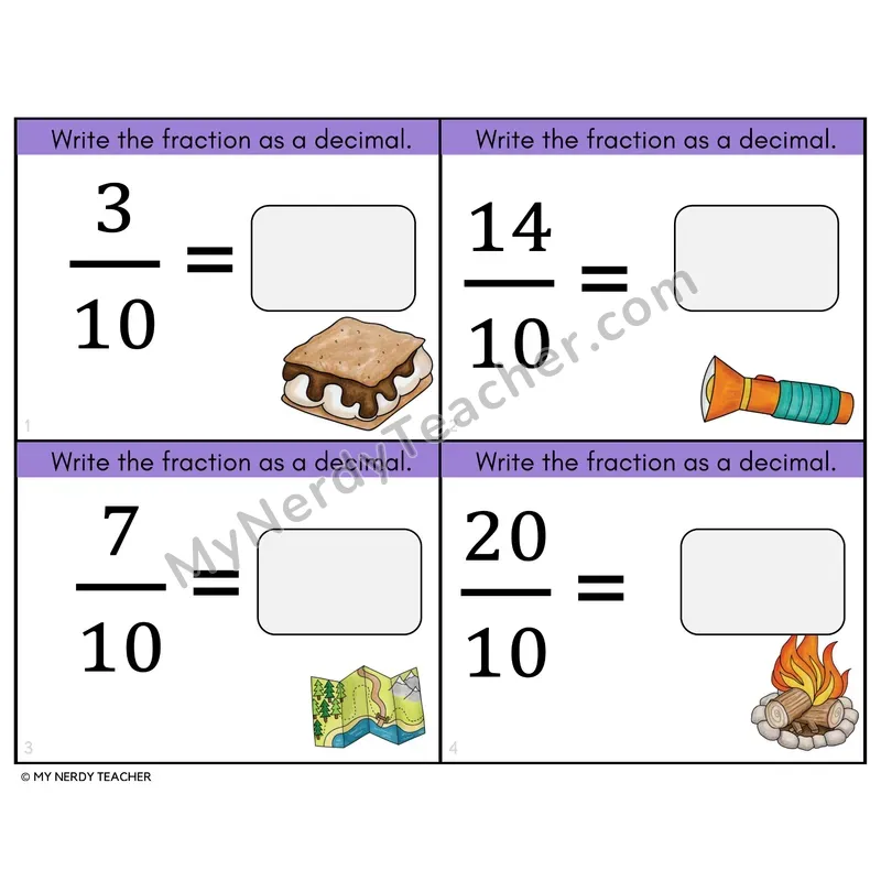 Fractions to Decimals — Tenths Task Cards — 4th Grade Color