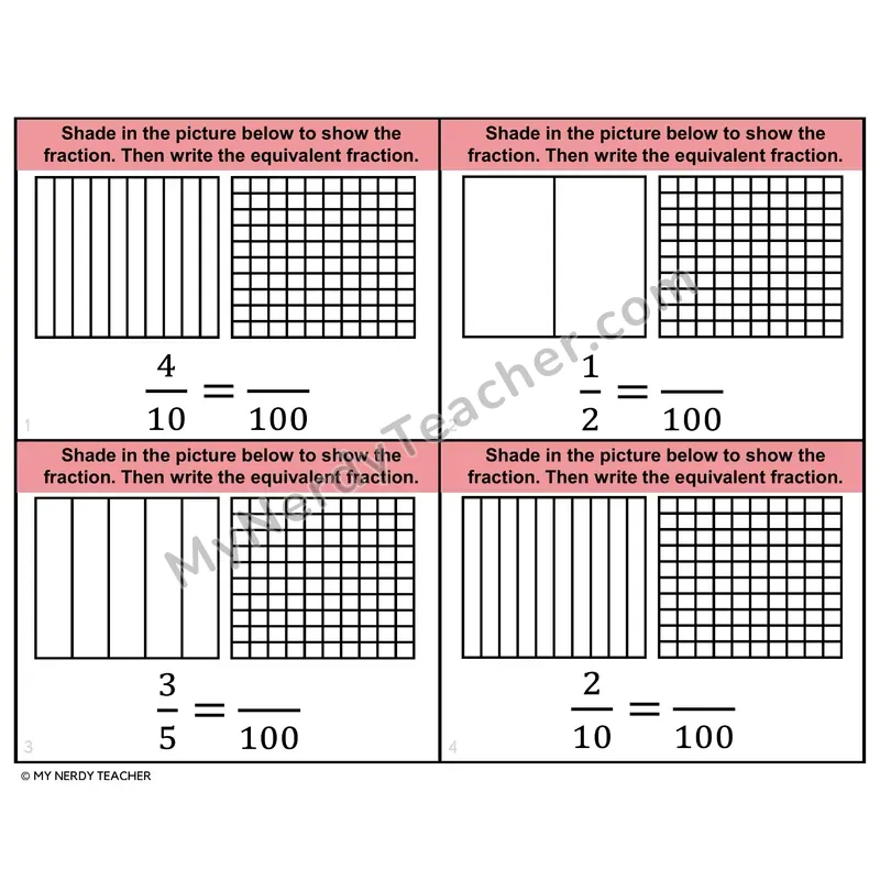 Equivalent Fractions: Tenths & Hundredths Task Cards — 4th Grade Color