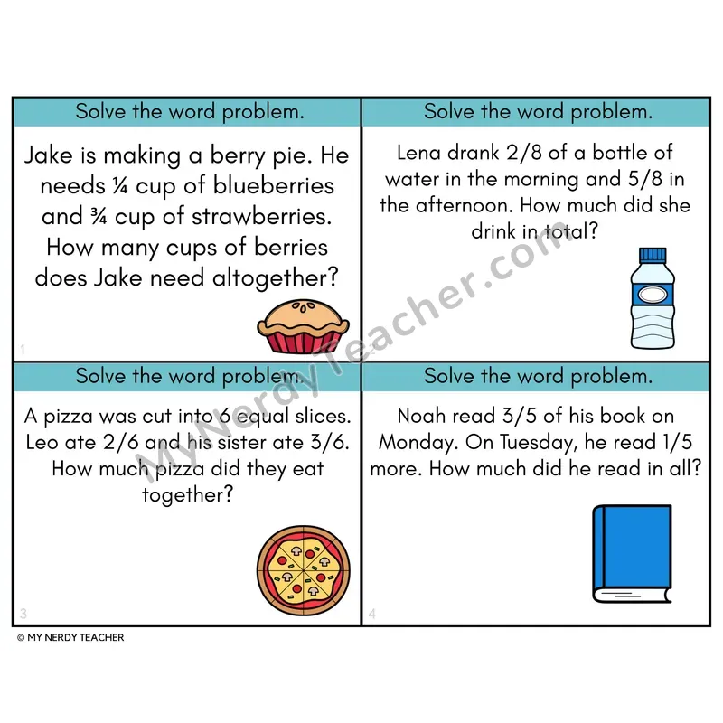 Fraction Word Problems: Like Denominators Task Cards — 4th Grade Color